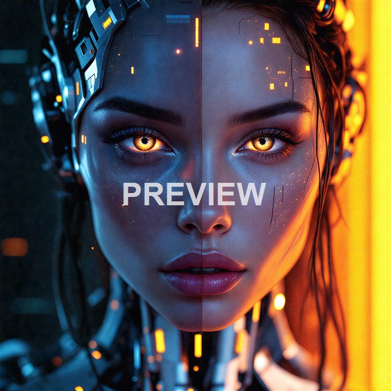 A close-up portrait of a woman with glowing cybernetic enhancements on her face and piercing golden eyes, set against a vibrant yellow and orange background.
